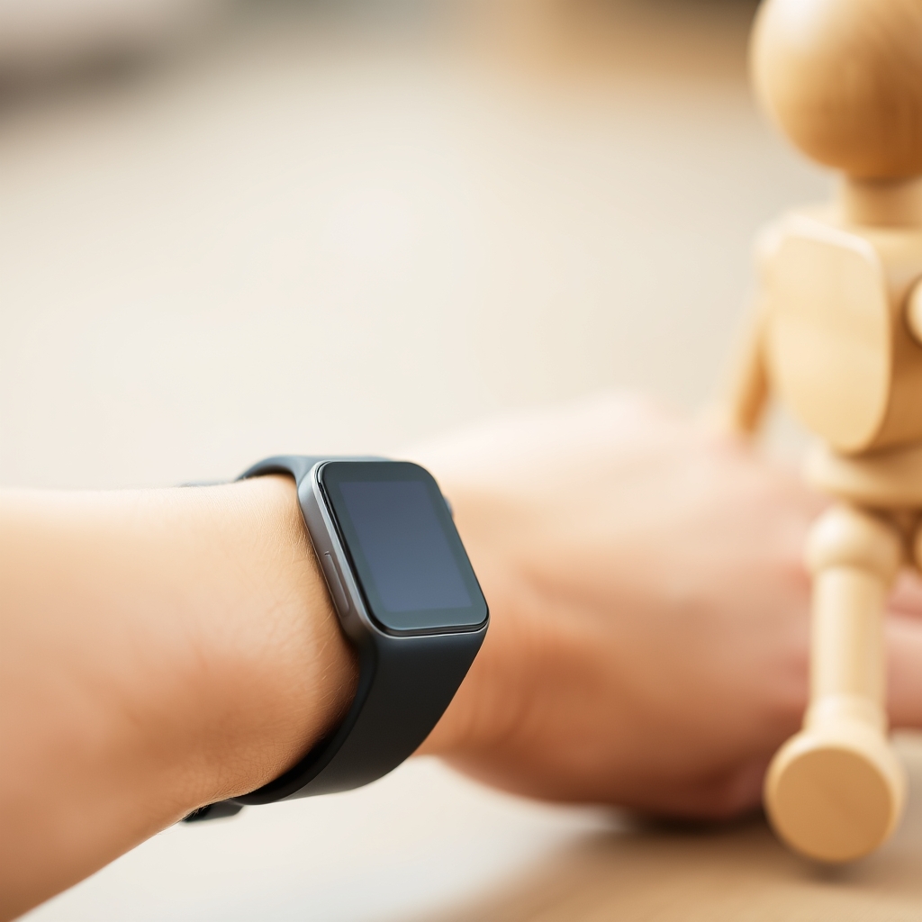 A wearable health tracker resting near a child's toy, symbolizing balance.