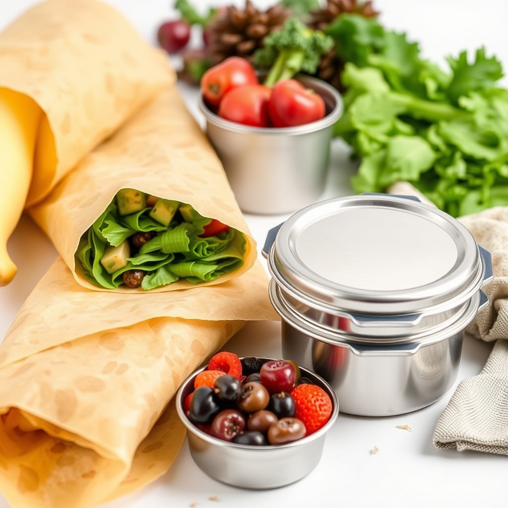 Reusable beeswax wraps and stainless steel containers for eco-friendly lunches.