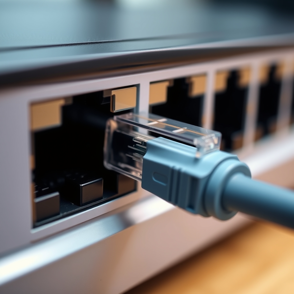 Close-up detail of a high-speed networking port and ethernet cable.