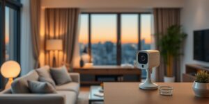 A modern home interior with a smart camera placed discreetly on a shelf.