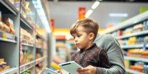 Parent and child learning about prices in a grocery store aisle.