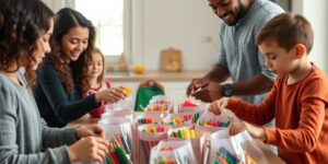 A family working together on a small service project at home.