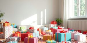 A cluttered living room filled with birthday presents, representing the common challenge of gift overload.