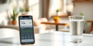 A smartphone showing a health dashboard on a kitchen table, representing digital health in a family home.