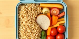 A healthy, sustainable school lunch in a bento box with fresh ingredients.