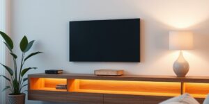 A sleek mesh Wi-Fi node sitting on a shelf in a modern living room.