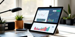 A clean, modern workspace featuring a tablet with financial charts, representing digital budgeting.