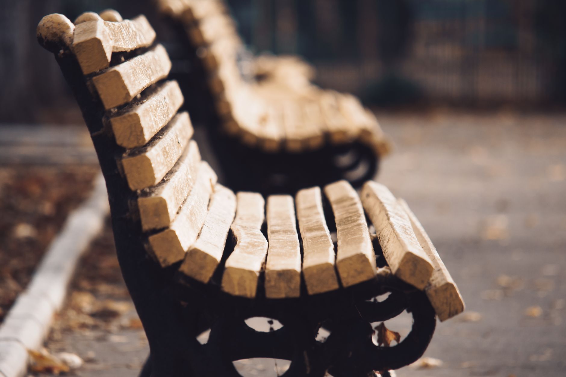 A peaceful, quiet park bench in an urban setting.