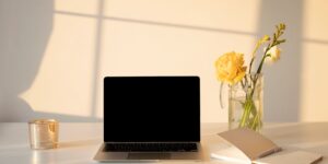 A clean, organized home office setup bathed in soft morning light.