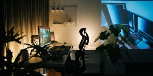 A serene home office setup at night representing the right to disconnect.