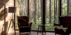 A cozy, sunlit living room representing a home exchange vacation.