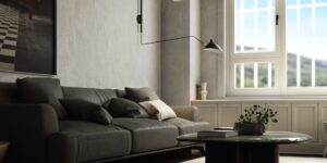 A serene, modern living room bathed in natural afternoon light.