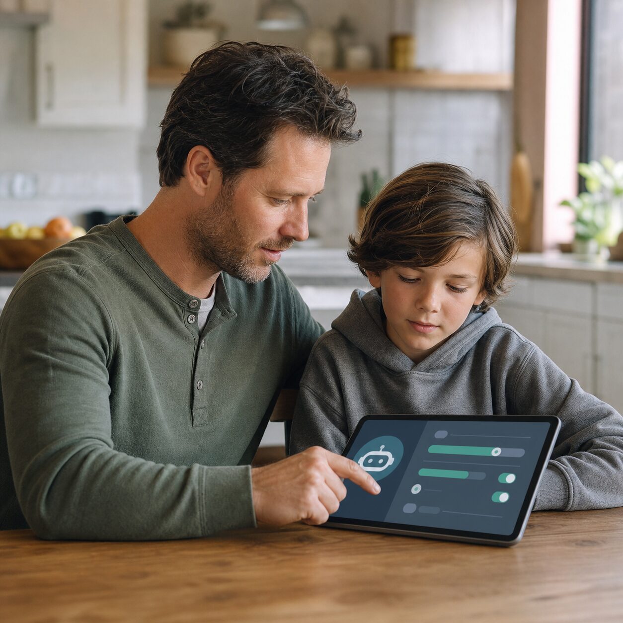 Parent and child reviewing AI chatbot privacy settings