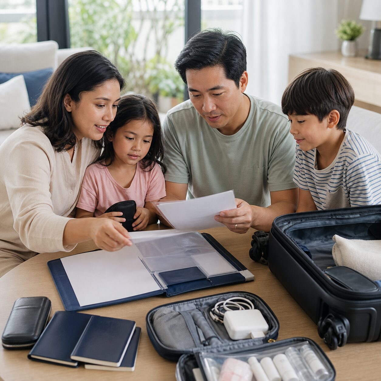 Family preparing a flight disruption kit