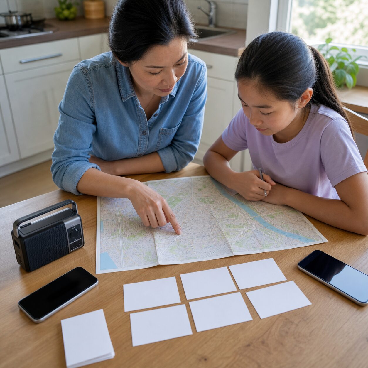Parent and child preparing an offline family contact plan