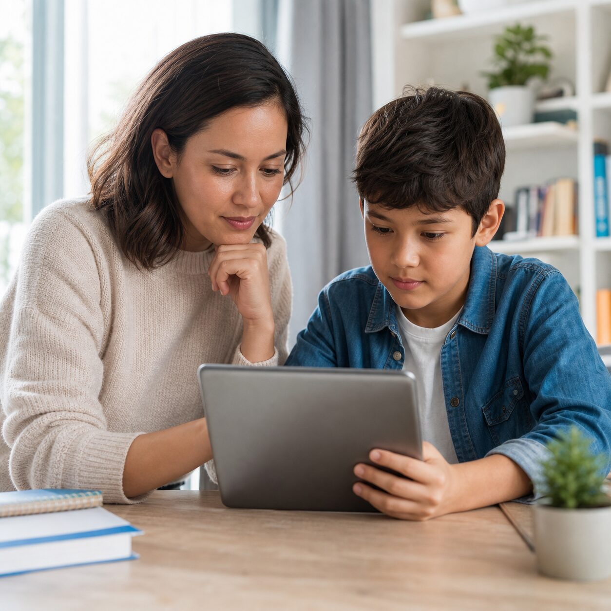Parent and child checking whether an online video is trustworthy