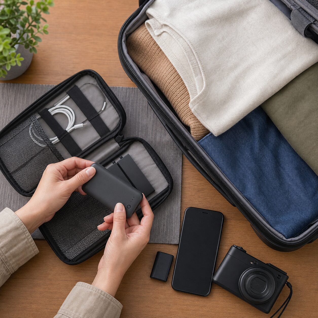 Traveller checking a power bank beside organised carry-on electronics