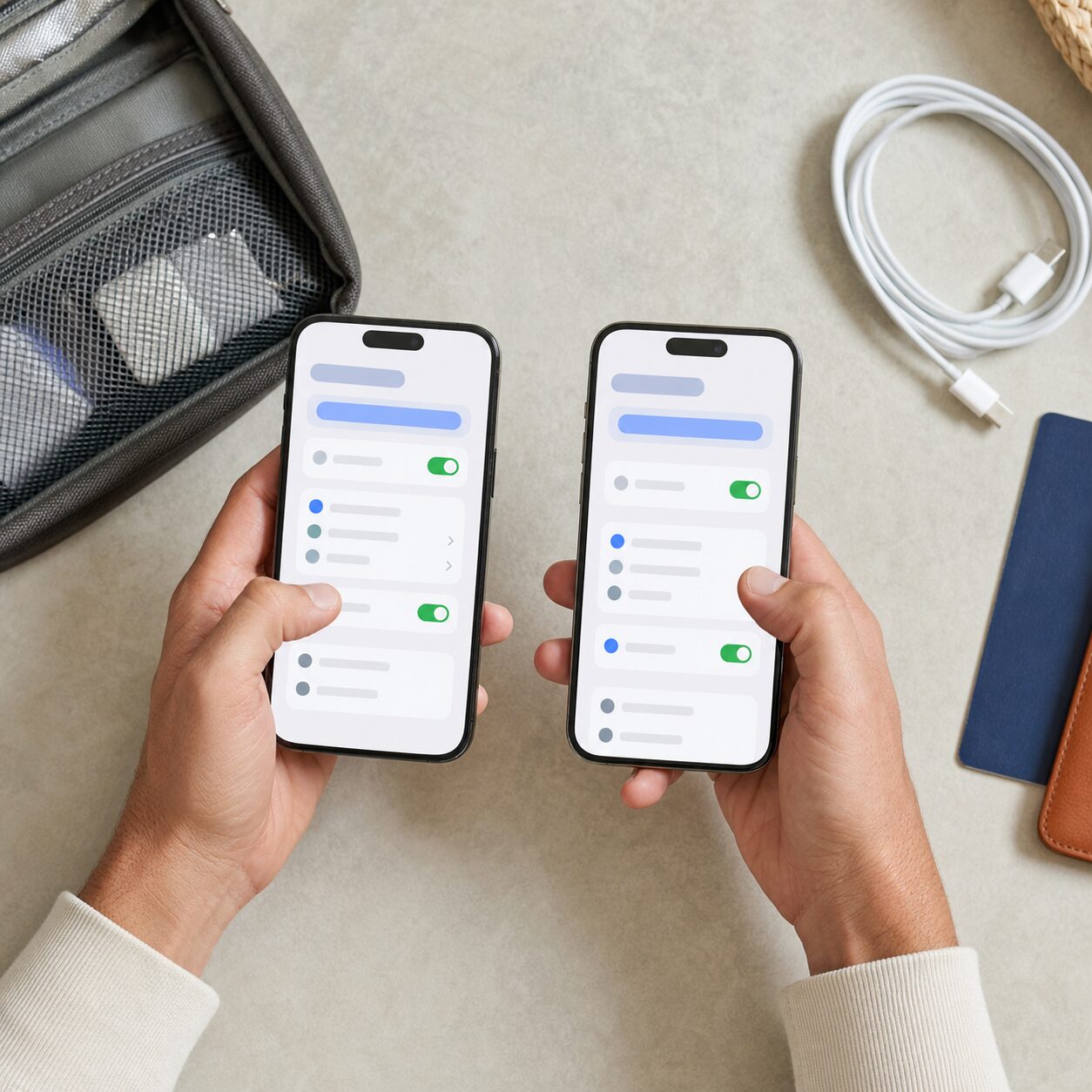 Traveller comparing mobile line settings before departure