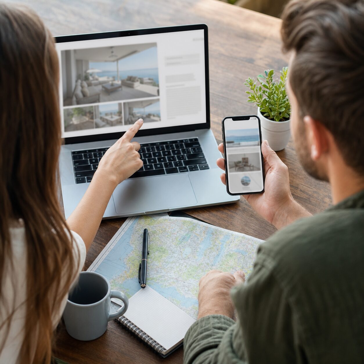 Adults cross-checking a holiday rental listing and location