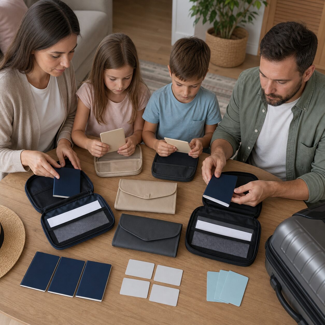 Family organising travel documents into separate secure locations