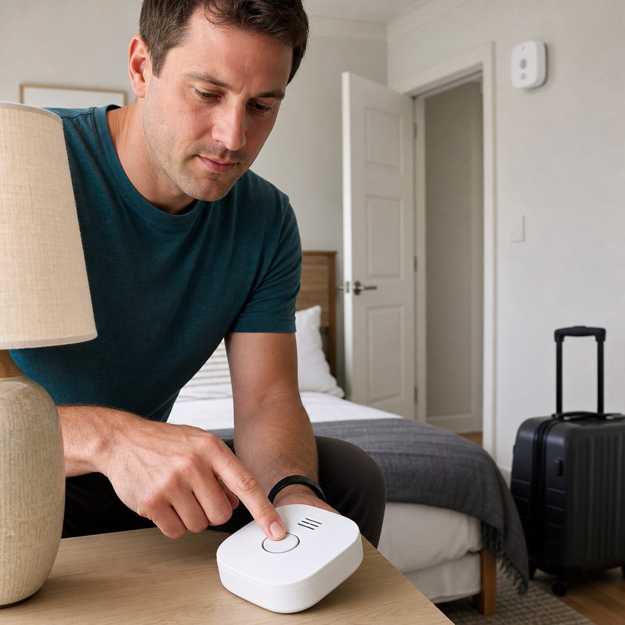 Parent testing a portable carbon monoxide alarm in a rental bedroom