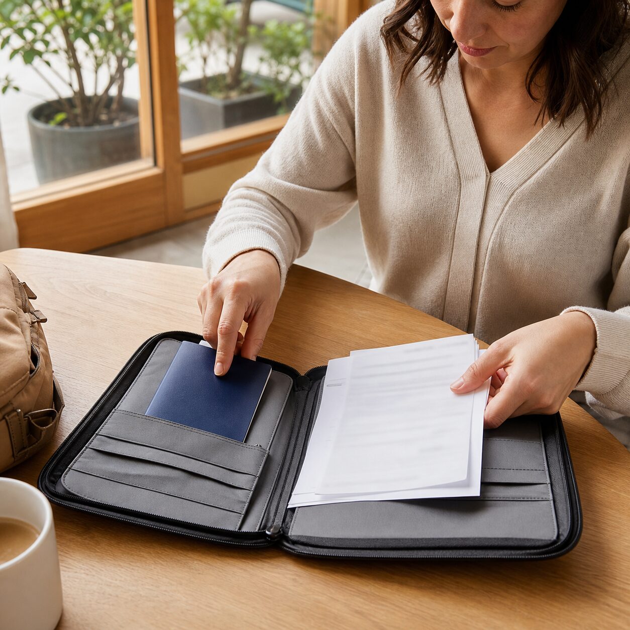Parent organising a child passport and consent letter in a travel folder