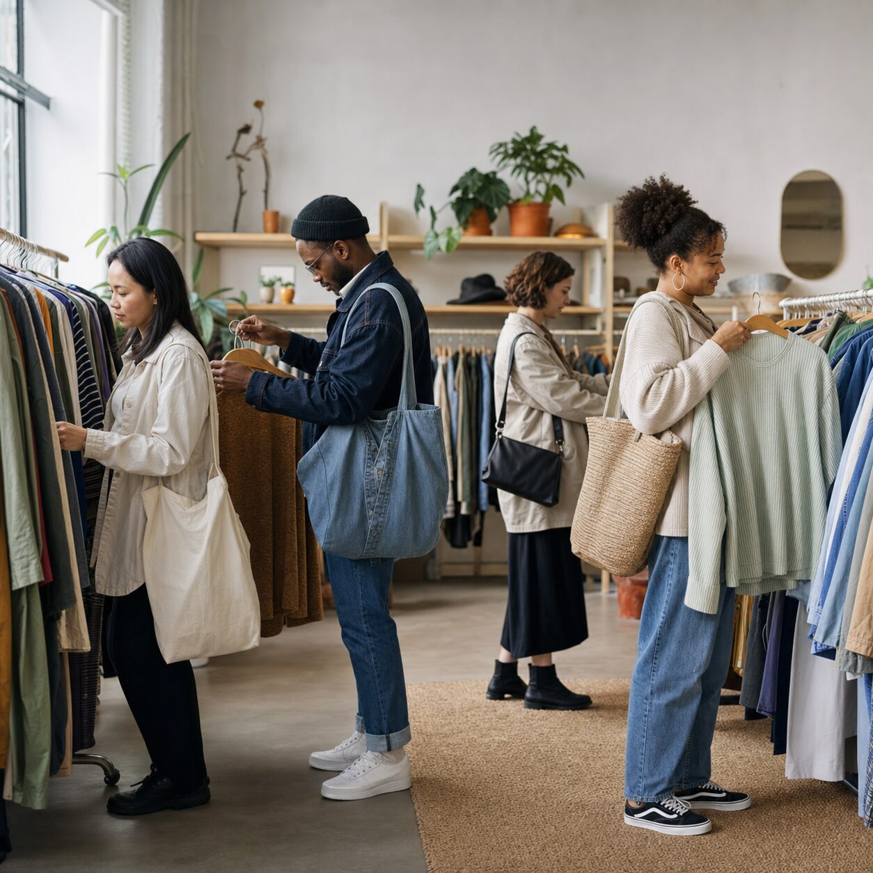 Shoppers browsing quality clothing in a secondhand shop
