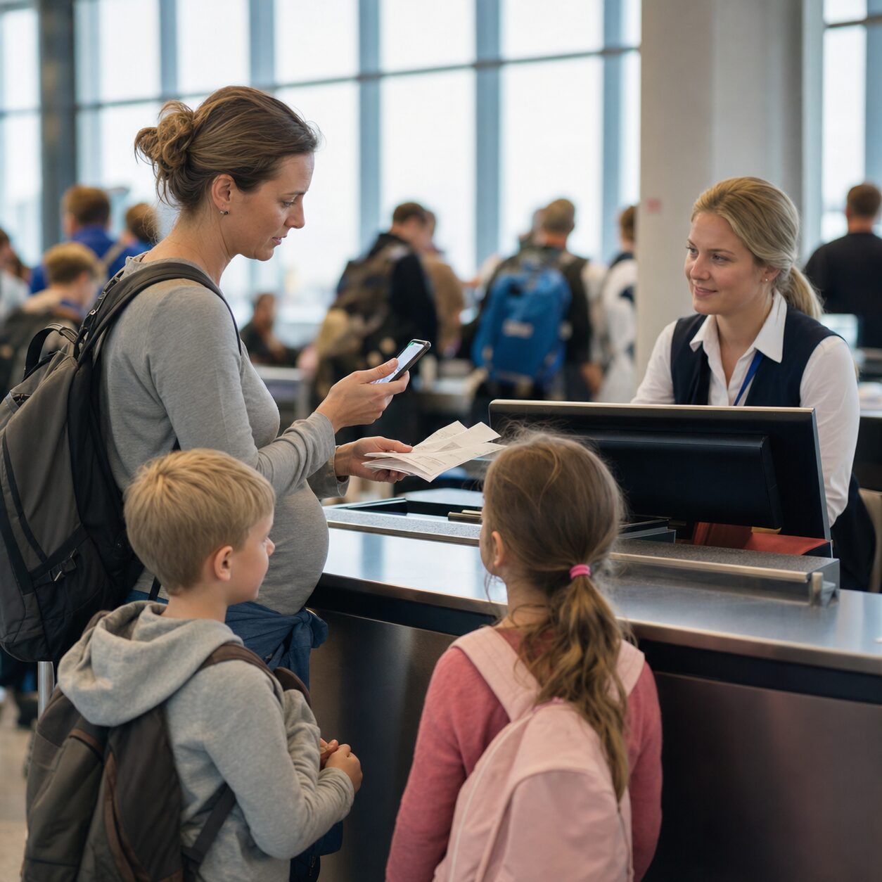 Parent documenting a cancellation at an airport desk