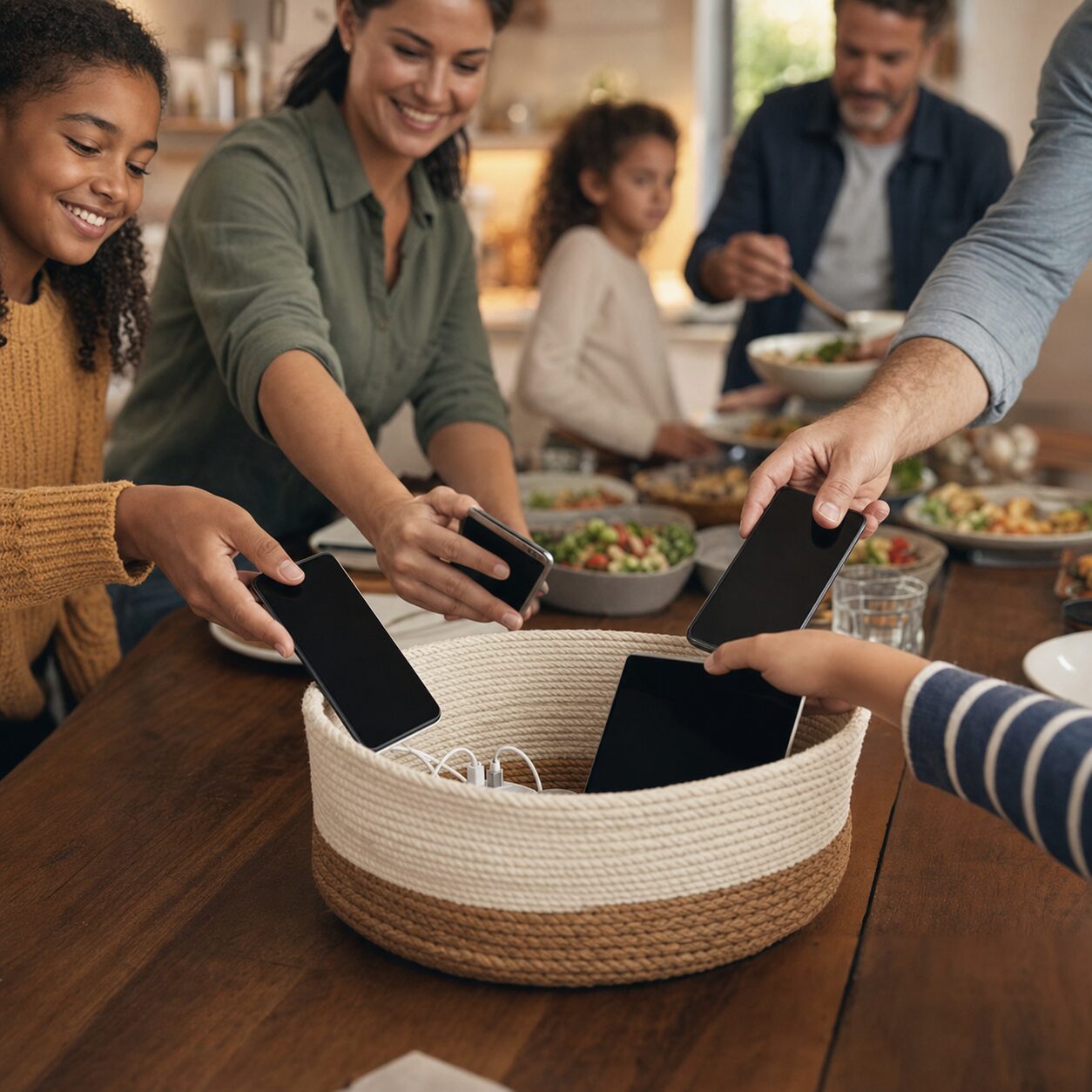 Family placing devices in a shared charging basket before dinner