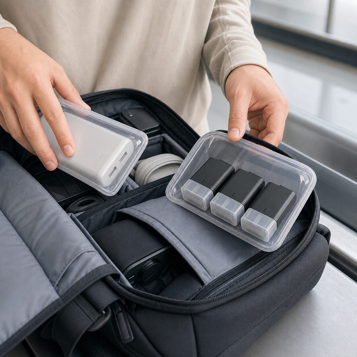 Protected spare batteries and power bank packed in carry-on baggage
