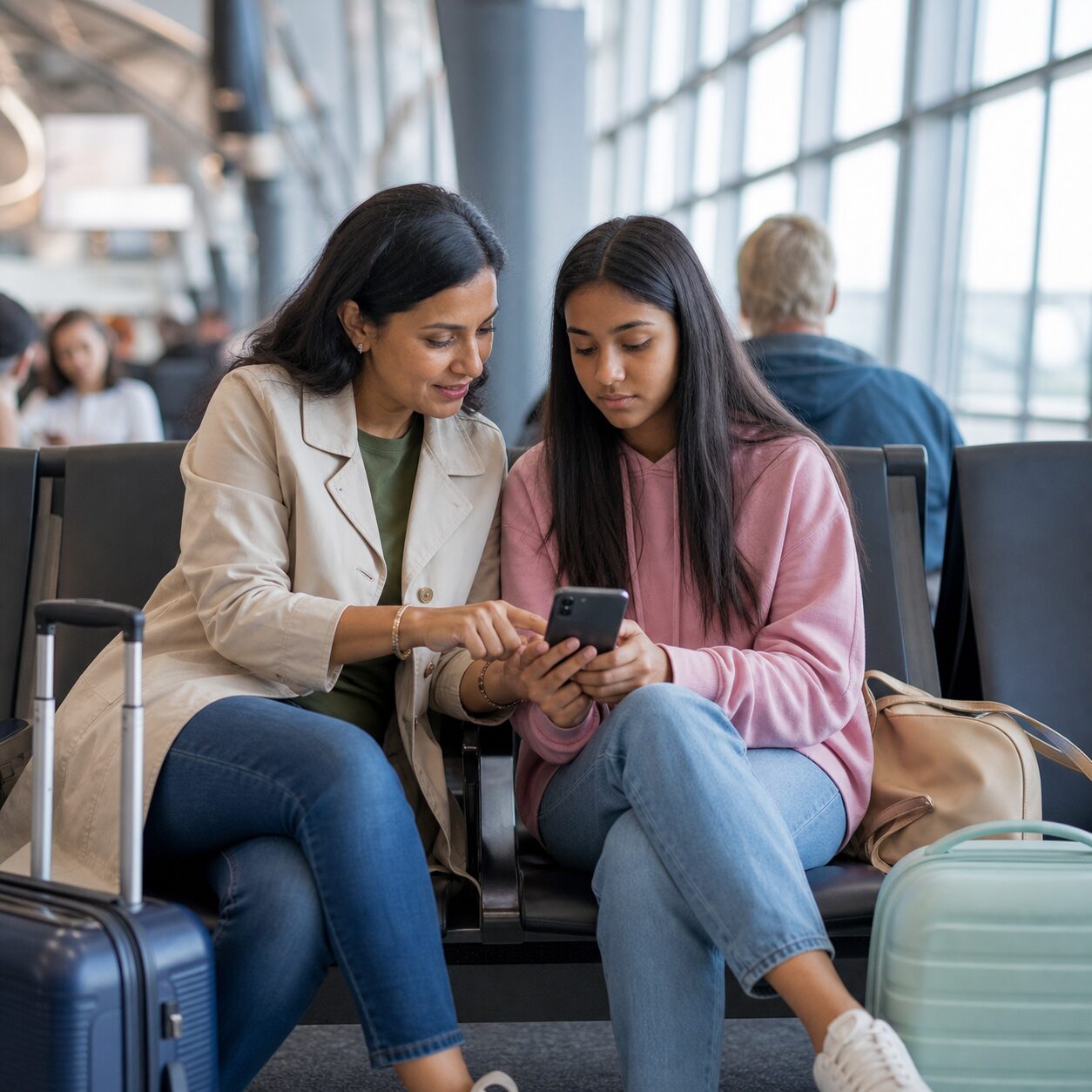 Parent helping a teenager set up travel connectivity