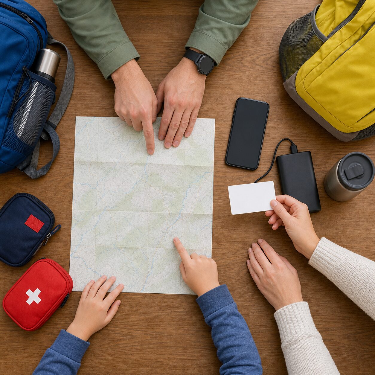 Family preparing an offline safety plan for a day trip