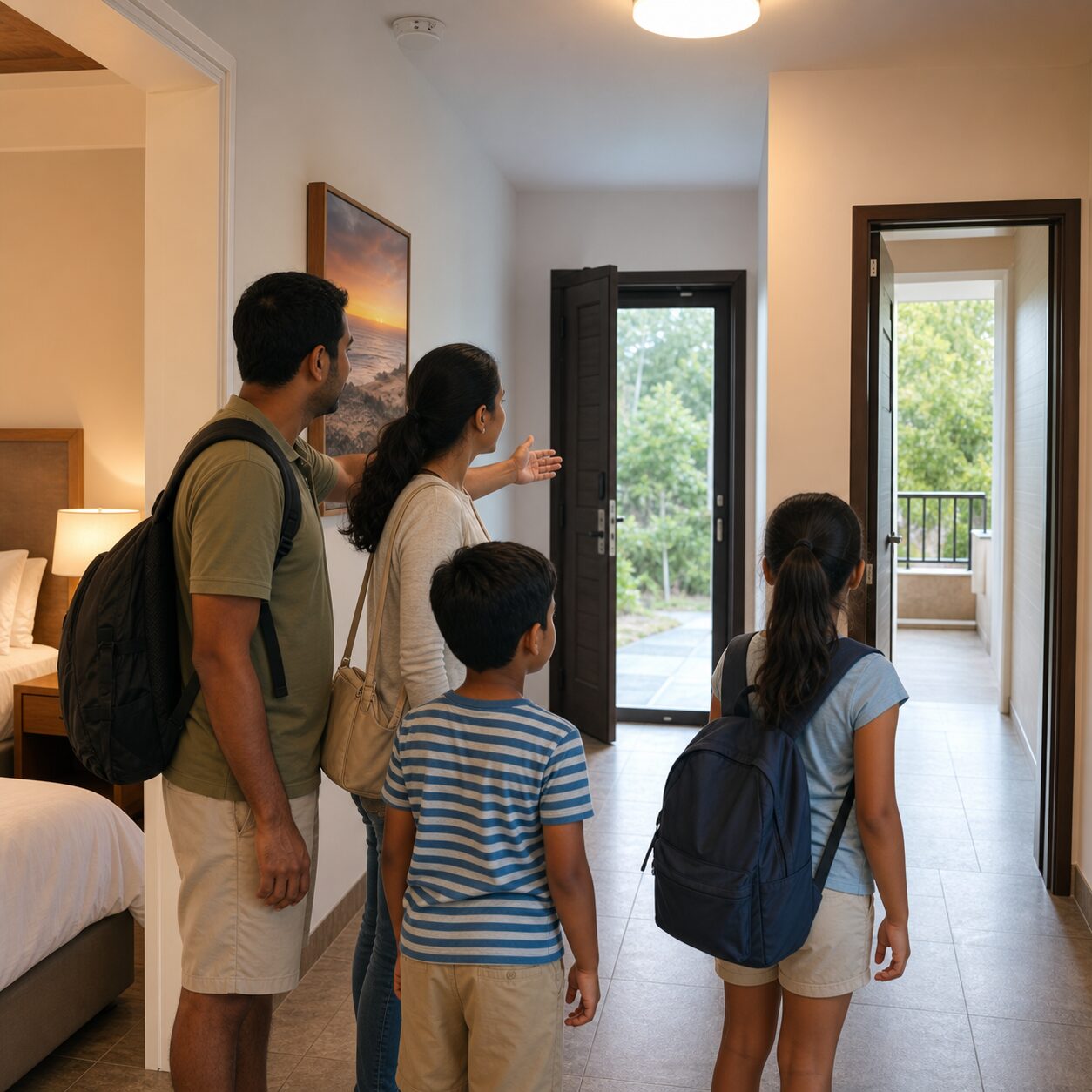 Family identifying two clear escape routes in a vacation rental