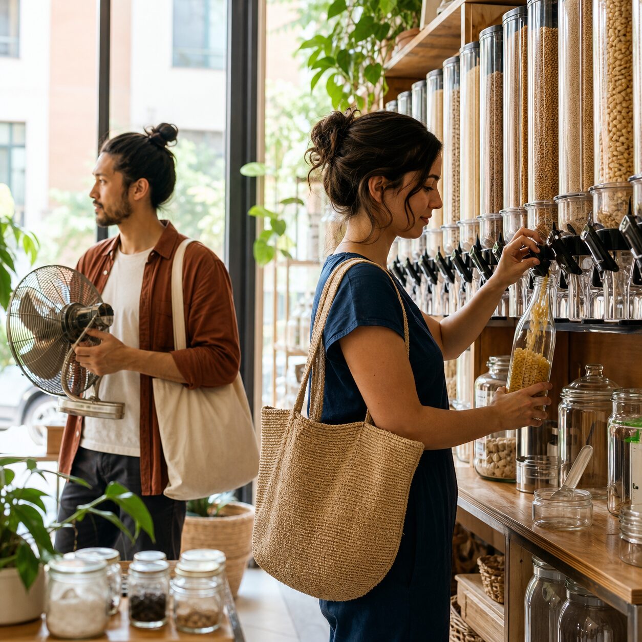 Shopper using a refill station while another carries an item for repair