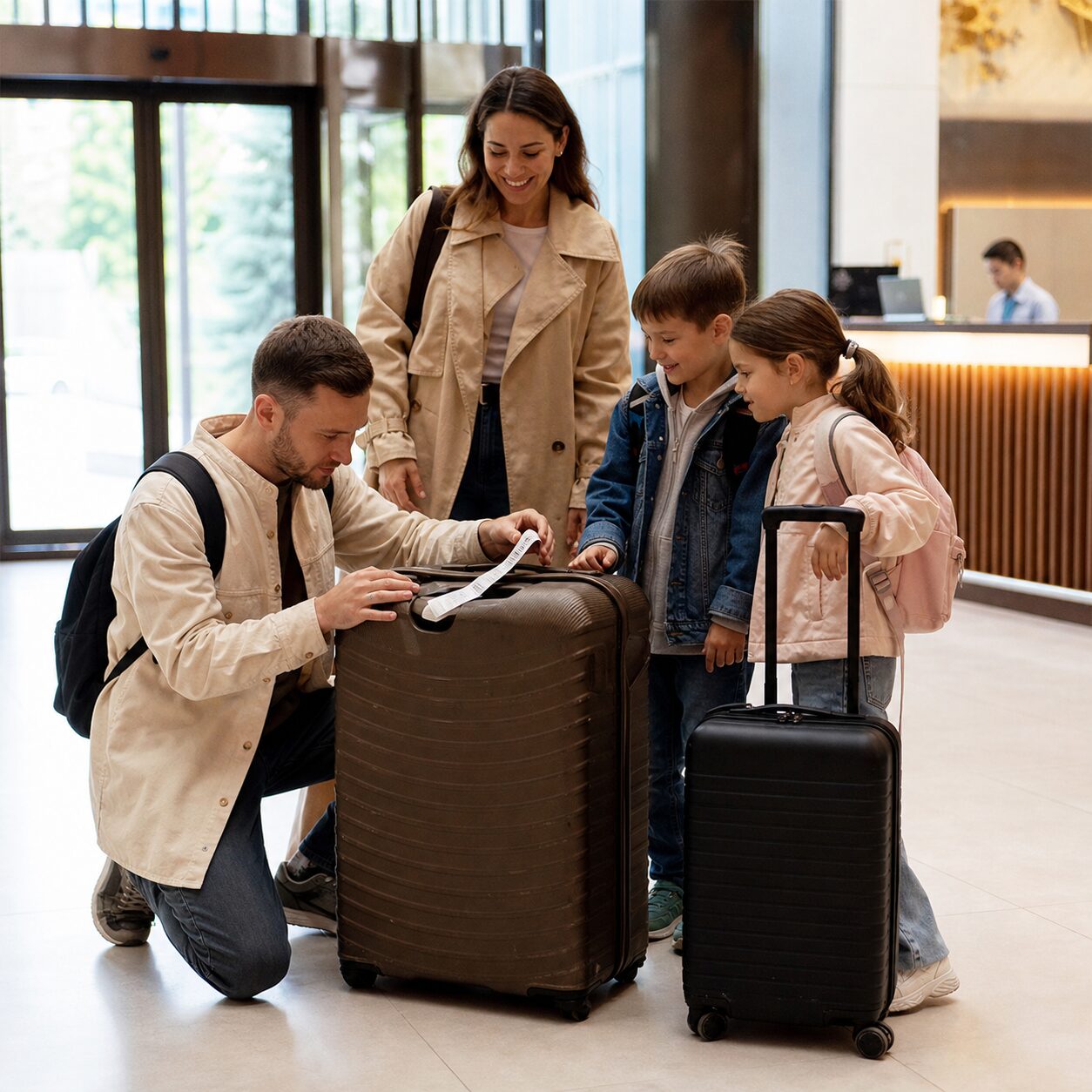 Family checking recovered delayed luggage