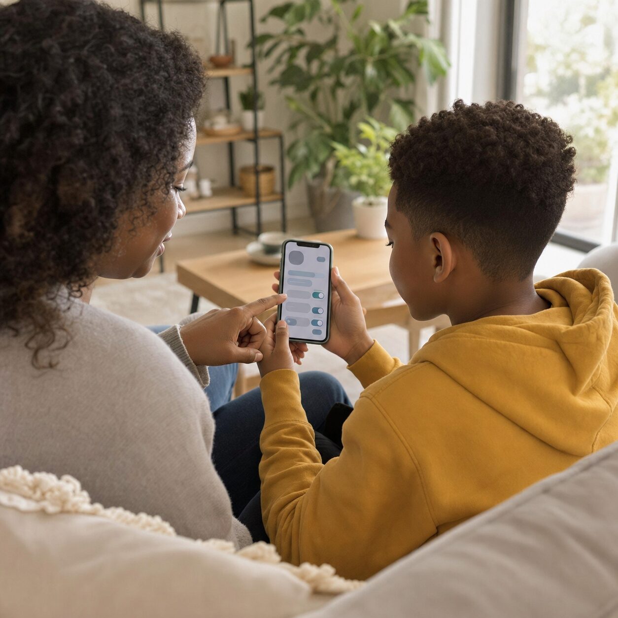 Parent and preteen reviewing privacy and notification settings