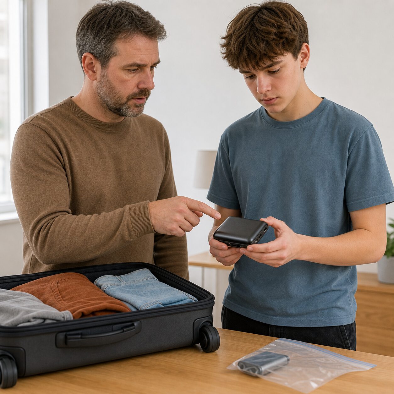Parent and teenager setting aside a questionable rechargeable device