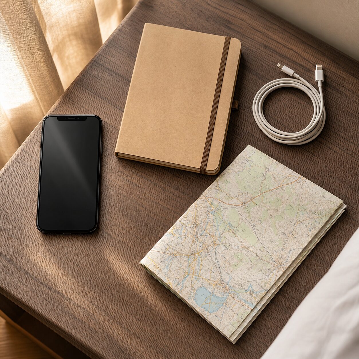 Phone and offline travel backups arranged on a hotel desk