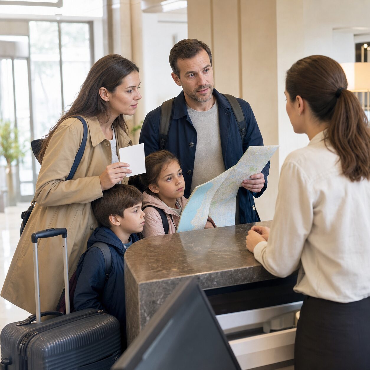 Family using a paper emergency card after losing travel items