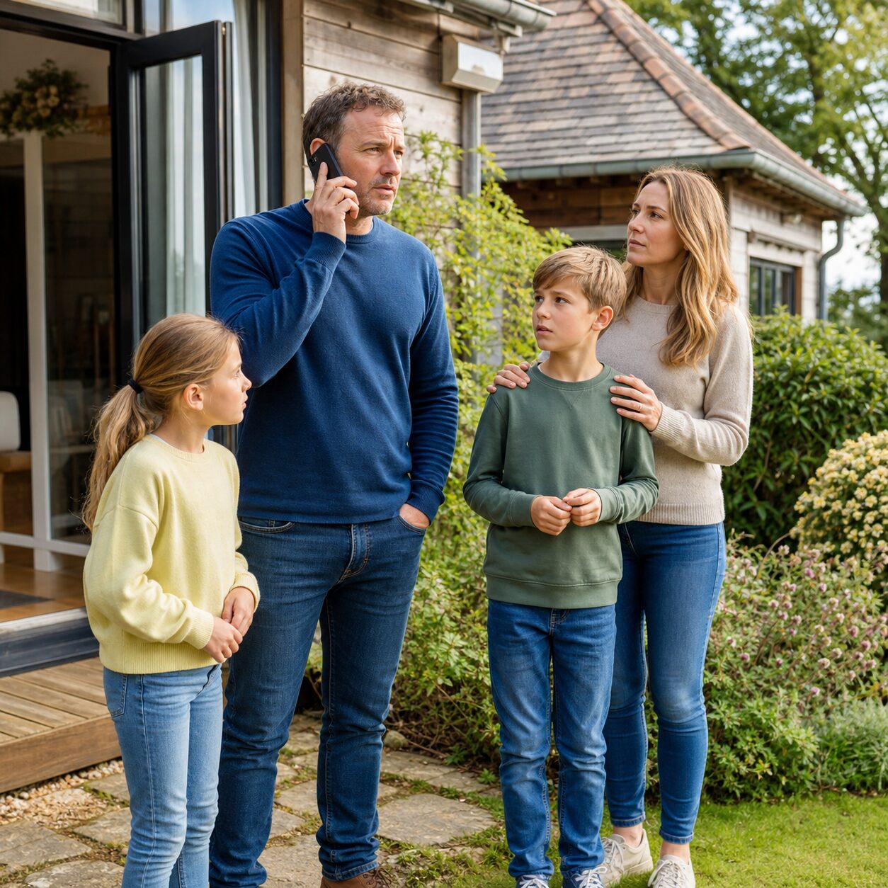 Family outside calling emergency services after an alarm