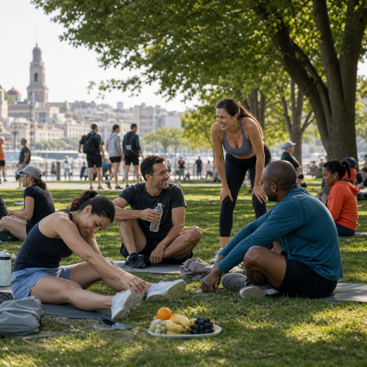 Recreational runners recovering together in a shaded city park