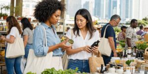 Shoppers comparing everyday products at an international urban market