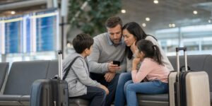Family calmly managing a cancelled flight at an airport