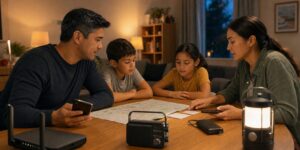 Family practicing an emergency communication plan at home