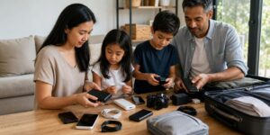 Family organising power banks and electronics before an international flight