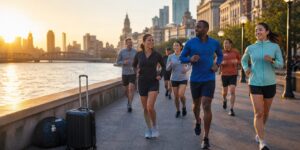 Recreational runners beginning a racecation beside a city river