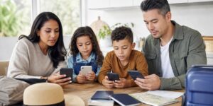 Family preparing smartphones for an international trip