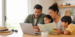 Family verifying an international holiday booking before payment