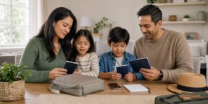 Family preparing secure travel document backups