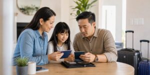 Parent and child reviewing travel documents before an international trip